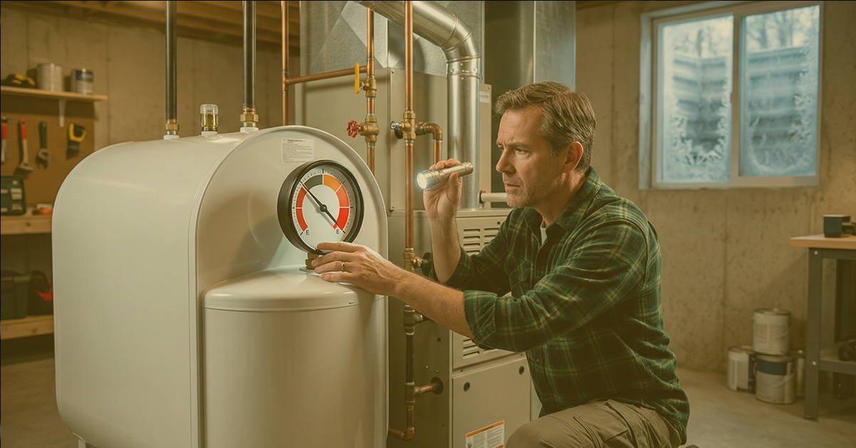 Many checking a gauge on his heating system.