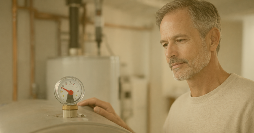 Man looking at his heating oil guage.