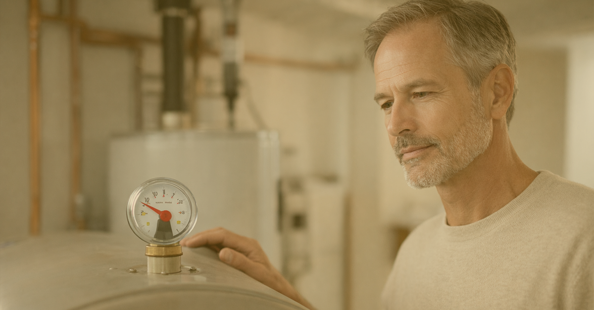 Man looking at his heating oil guage.