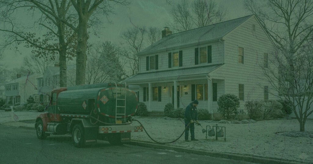Oil delivery truck outside of a home.