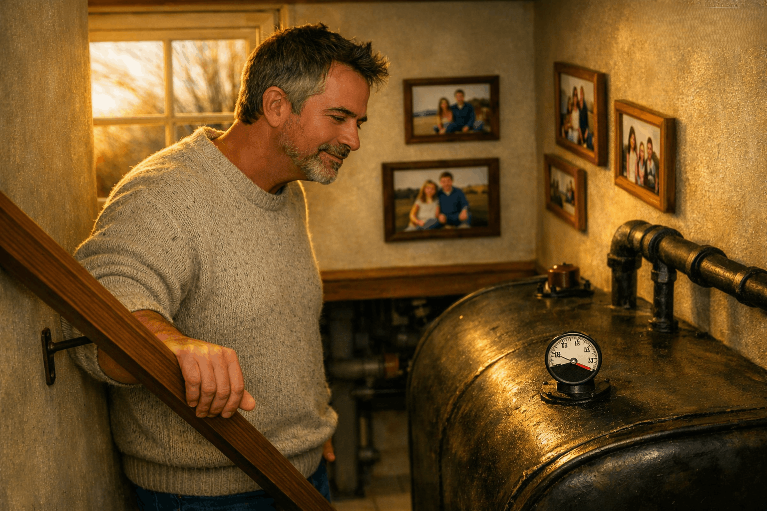 Man checking basement oil tank and gauge