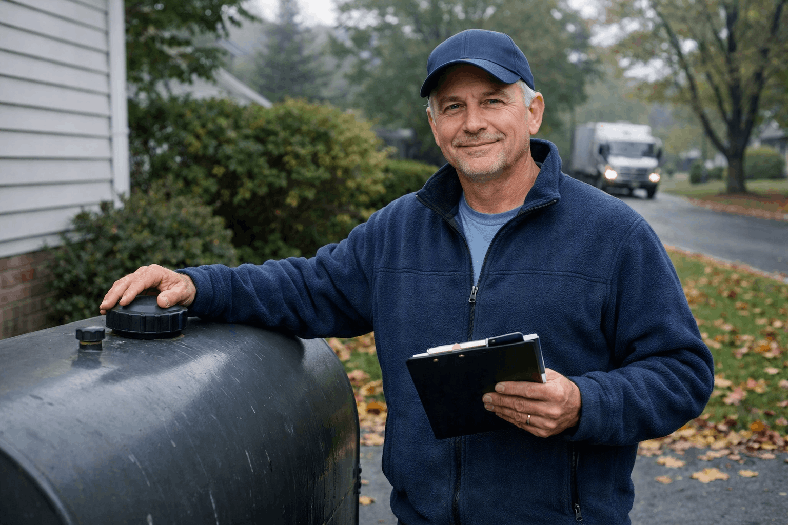 Man checking his outdoor heating oil tank in fall.