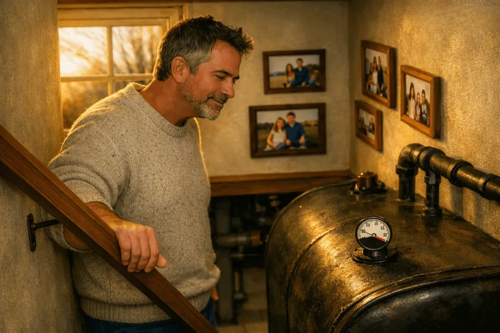 Man checking basement oil tank and gauge