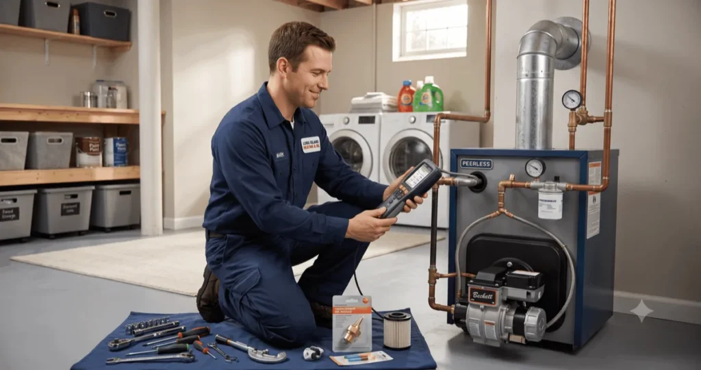 Technician doing a yearly tune-up on a heating system.