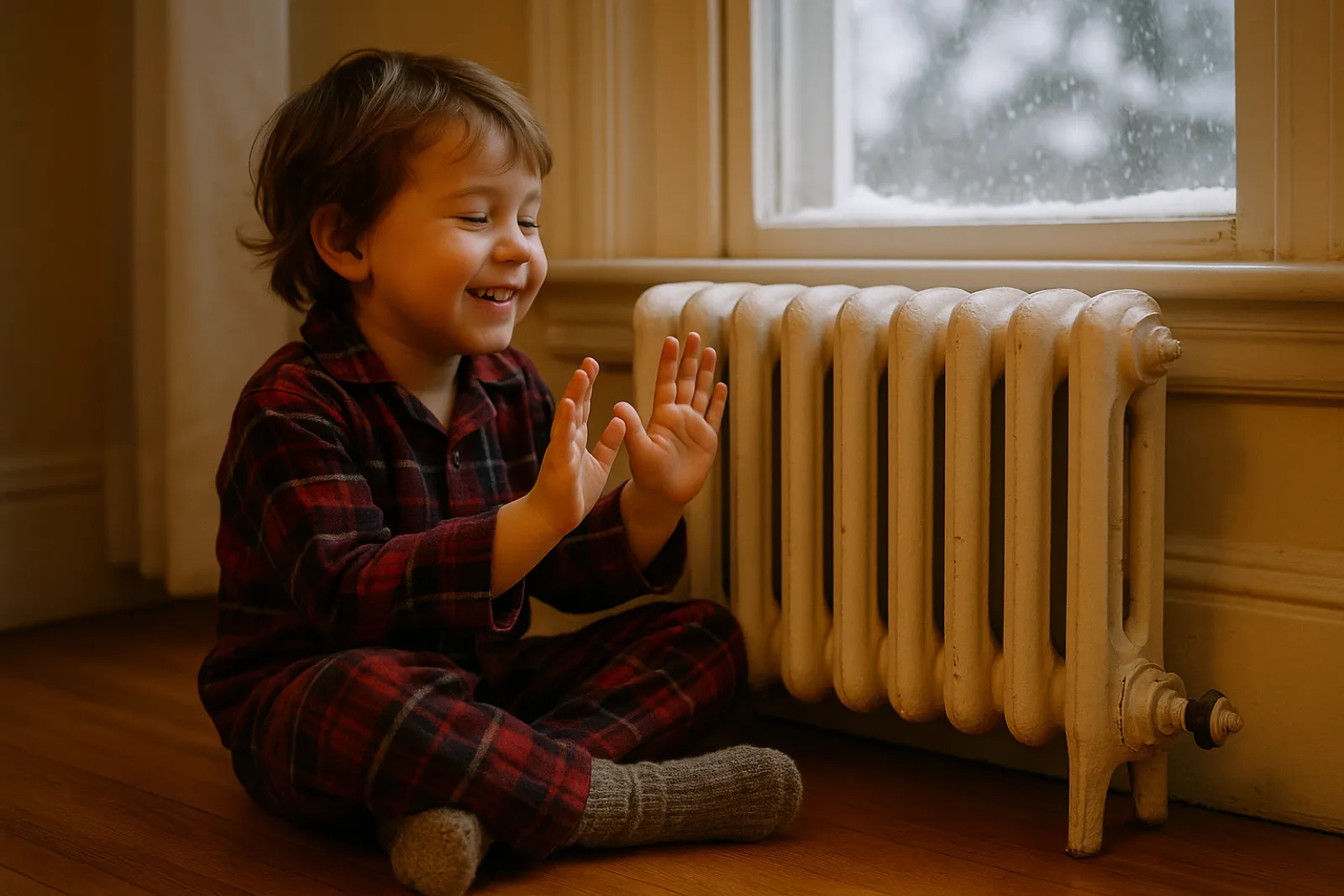 A child in pajamas and wool socks warming their hands beside a radiator