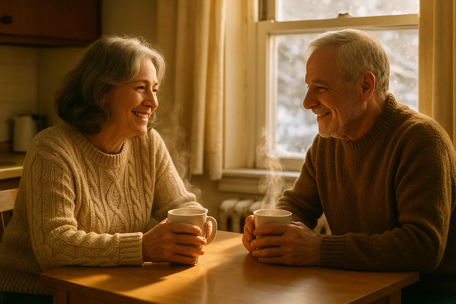 A Long Island couple having morning coffee in a warm kitchen with snow outside the window