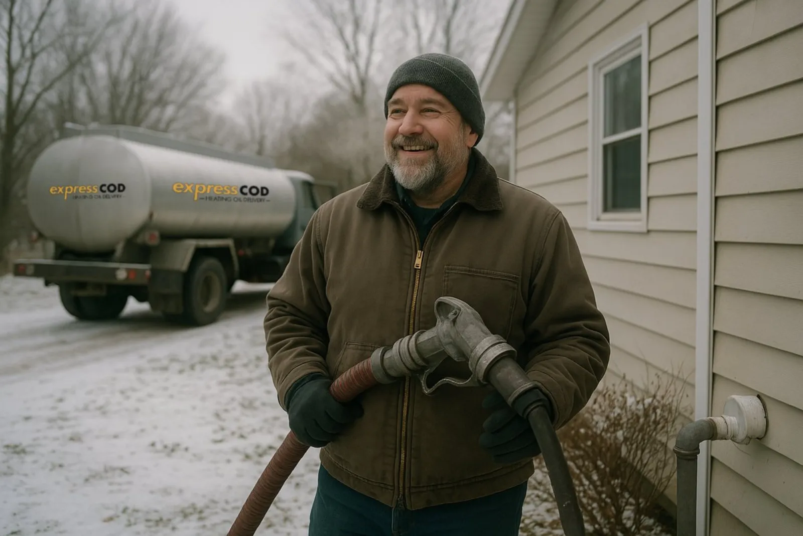 An expressCOD driver making a heating oil delivery to a Long Island home in the snow