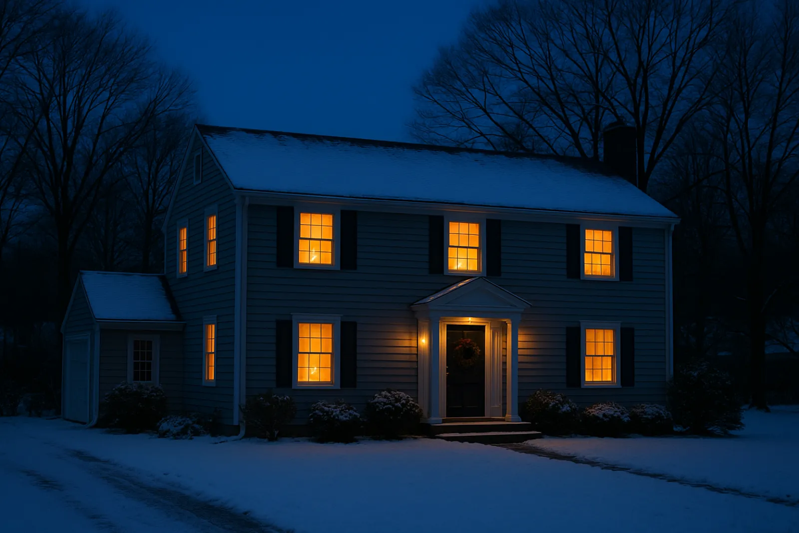A Long Island home with every window glowing warm on a snowy winter evening